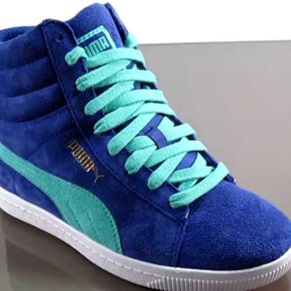 Puma blue suede wedge sneakers. EUC